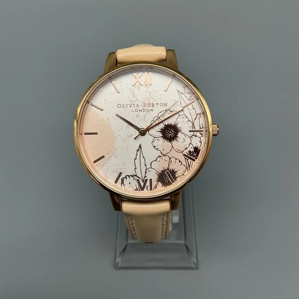 Olivia Burton Womens Watch 38mm Pink Floral Dial Beige Leather New Battery